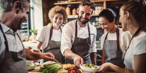Cooking Collaboration: A Happy Group of Young Amateur Chefs Smiling while Preparing a Beautiful Multiracial Vegetarian Meal in a Kitchen Class - obrazy, fototapety, plakaty