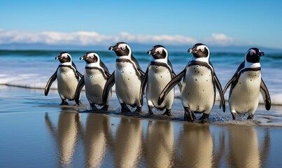 Group of Penguins Walking Along Beach