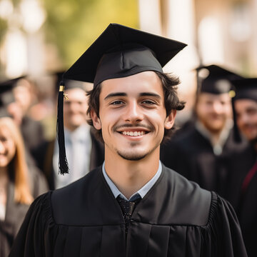 Young man college student wearing cap and gown at graduation outdoors