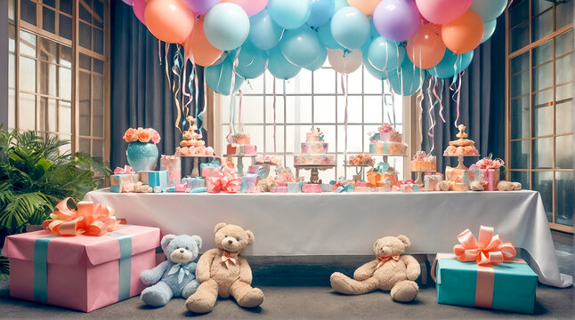 Baby shower party concept. Pink and blue gift boxes with colorful balloons and cute teddy bears. Celebrating child birthday
