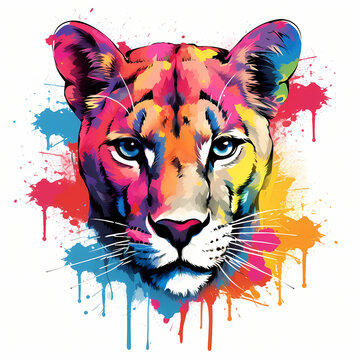 Mountain lion head colorful splatter paint modern spray paint urban art