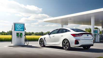 Modern white car parked in front of hydrogen refuelling station. Hydrogen fuel charging station. Green energy and zero emission transport - obrazy, fototapety, plakaty