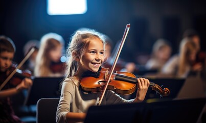 Young Girl Playing Violin in Orchestra