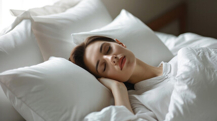 Fototapeta premium Beautiful Attractive woman sleep and sweet dream lying on bed in cozy bedroom in morning feeling so relax and comfortable. Healthy Young female sleep with bedtime at home. Healthcare Concept