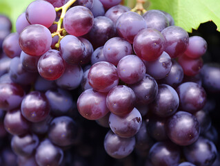 Fototapeta premium Sweet and Juicy Harvest: A Colorful Cluster of Ripe Red and Green Grapes, Freshly Picked and Grown in a Vibrant Vineyard on a Sunny Autumn Day, Set against a Background of Lush Grapevine Leaves.