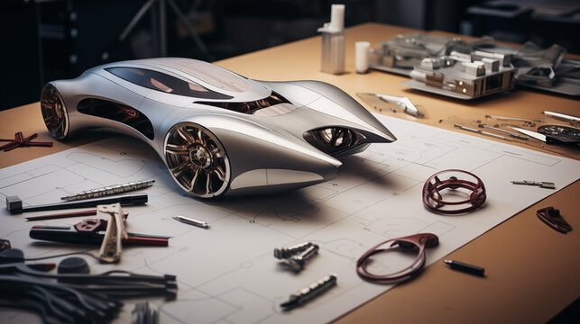 Futuristic Concept Car Design on Engineer's Desk