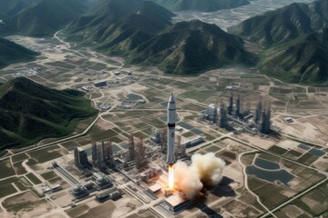 Aerial view of a rocket, missile launch over textured landscape, showcasing human ingenuity and exploration.