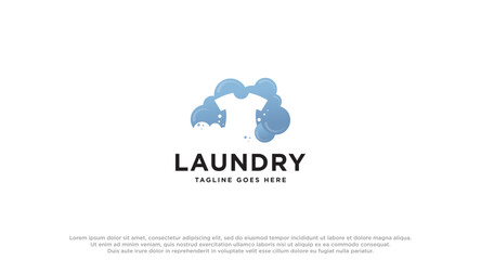 laundry logo in shades of blue with bubbles foam and washing clothes, simple creative logo, icon vector inspiration.