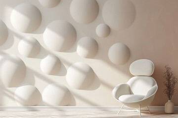 Subtle and soothing spheres pattern, minimalist design with chair in room conveying tranquility.