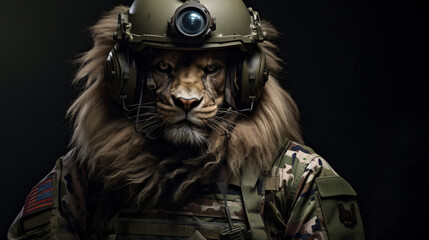Fototapeta na wymiar Lion dressed in military uniform as a soldier