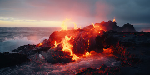 Inferno at Dawn: Scenic Volcanic Eruption in Hawaii with Red-hot Lava Flowing into the Ocean