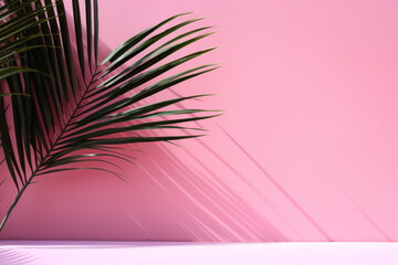 Fototapeta na wymiar Palm leaf shadow creating an artistic pattern on a pink wall