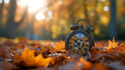 Vintage timepiece nestled among autumn leaves depicting the passage of time - obrazy, fototapety, plakaty