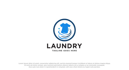 laundry logo in shades of blue with bubbles foam and washing clothes, simple creative logo, icon vector inspiration.