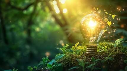 idea light bulb in green forest, environment