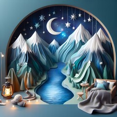 Whimsical paper diorama collage, surreal, surrealism, large mountains, blue river, galaxy, cozy, beautiful morning scene, dreamscape fantasy