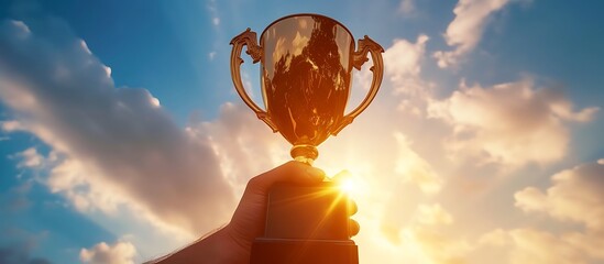 hand holding a golden trophy against a bright sky, representing success and achievement.