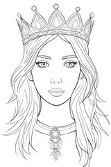 Cartoon flat style simple outline of Fashion girl with a feathered crown coloring page Generative Ai