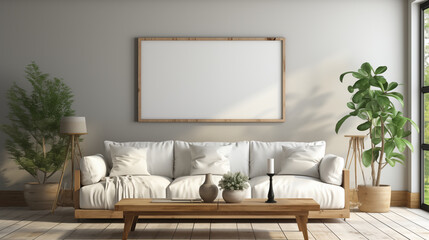Realistic blank poster hanging on wall, Natural light, working space