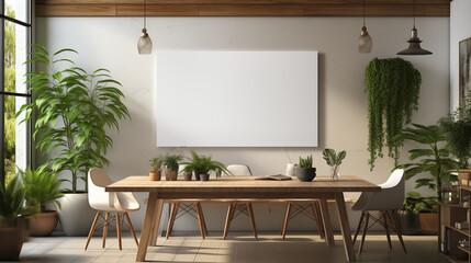 Realistic blank poster hanging on wall, Natural light, working space
