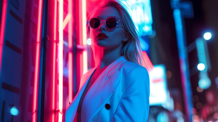 Obraz premium Young hipster woman posing in red and blue neon light on the night street, hot blonde model wearing white suit and glasses