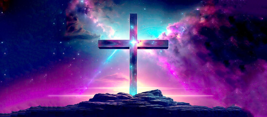 Cross of Jesus Christ. Crucifixion. Blood, sacrifice, price, life. Calvary. Easter. Holy, crucified, risen Redeemer. Bible, history, faith. - obrazy, fototapety, plakaty