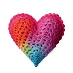 Heart shaped pillow. Crocheted multi-coloured heart on a transparent background.