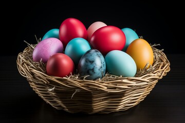 Fototapeta na wymiar A straw basket filled with colored Easter eggs.