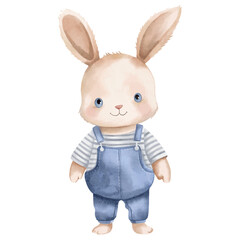 Watercolor rabbit in clothes. Watercolor toys. Baby bunny vector illustration. Cute cartoon hare