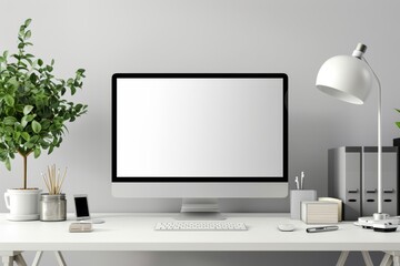 A mockup featuring a blank computer screen on a white desk, with a potted plant, lamp, and office supplies.