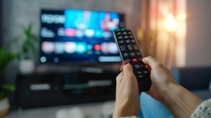 Woman relaxing on the couch, she is using the remote control and choosing a TV show or movie on the television menu