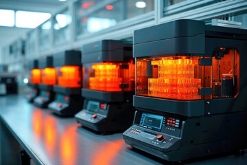 A row of advanced 3D printers with illuminated orange printing chambers lined up in a high-tech laboratory environment.