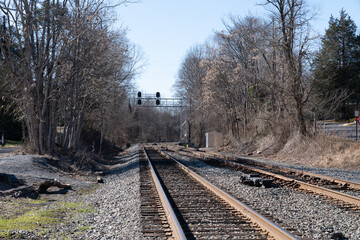 Fototapeta na wymiar Train tracks in Clifton Virginia near Clifton Station, where the VRE and Amtrak trains run through