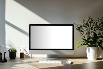 A contemporary workspace mockup, featuring a computer with a blank screen and natural plant shadows, providing copy space.