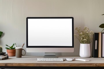 A minimalist desk setup mockup with a blank computer screen surrounded by artistic supplies and...