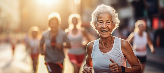 Description: Joyful senior woman running in marathon, healthy active lifestyle, fitness in golden...