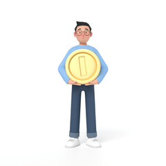 3D cartoon man standing holding a large coin. 3D Cartoon