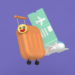 Icon image of suitcase and airplane ticket. 3D icon