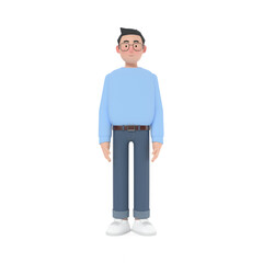 3D cartoon man standing facing straight, wearing a blue shirt. 3D Cartoon