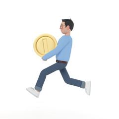 3D cartoon man carrying coins running away. 3D Cartoon