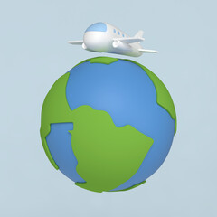 Airplanes are flying around the world. 3D Cartoon