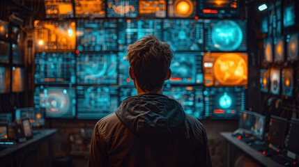 Obraz premium Man Overseeing Multiple Screens in High-Tech Control Room