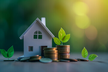 buying home by savings  Eco-friendly living concept with a model house, green leaves, and stacked coins symbolizing growth in value and savings. Ideal for real estate and environmental themes.