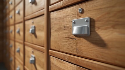 Detailed view of a large wooden filing cabinet system with numerous drawers