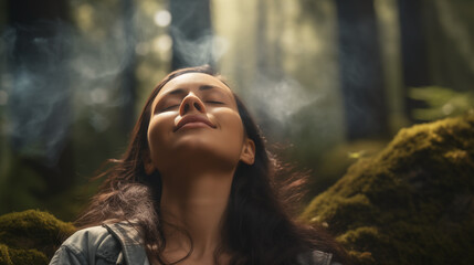 Young Woman with Eyes Closed Enjoying Fresh Air in Nature  - obrazy, fototapety, plakaty
