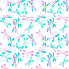 Fototapeta na wymiar Background with watercolor hand painted dragonfly pattern ,turquoise and pink dragonflies, fabric pattern, textile design, insects, green, watercolor illustration, decoration 