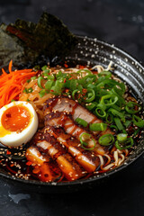 Delicious Miso Ramen Bowl, street food and haute cuisine