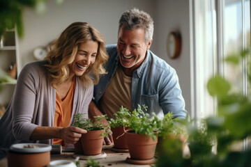 Caucasian married middle aged couple planting herbs in living room