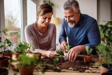 Naklejka na ściany i meble Caucasian married middle aged couple planting herbs in living room
