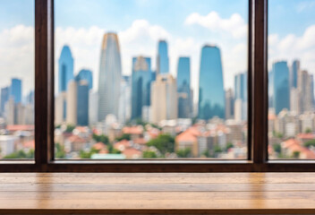 view of the city from a window with a wooden shelf